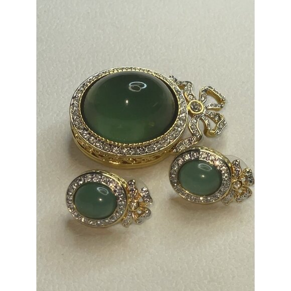 JOAN RIVERS Green Egg Shape Rhinestone Bow Gold-Tone Brooch Earrings Rare Set - Picture 14 of 16